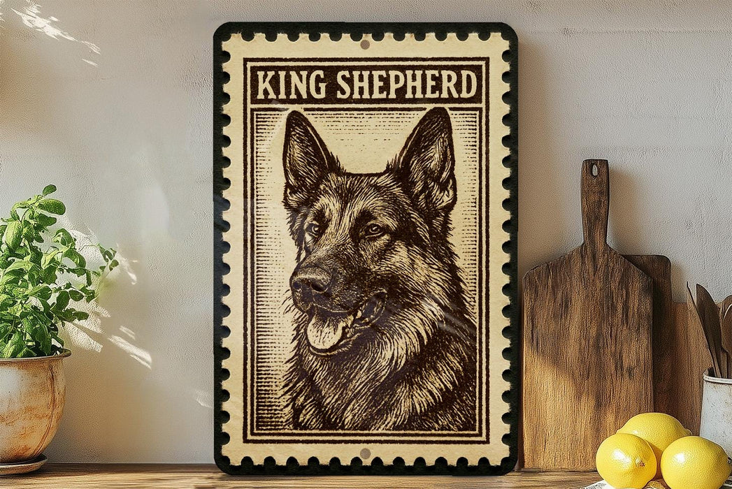 A framed image of a German Shepherd dog, with the text "KING SHEPHERD" above the dog's head.