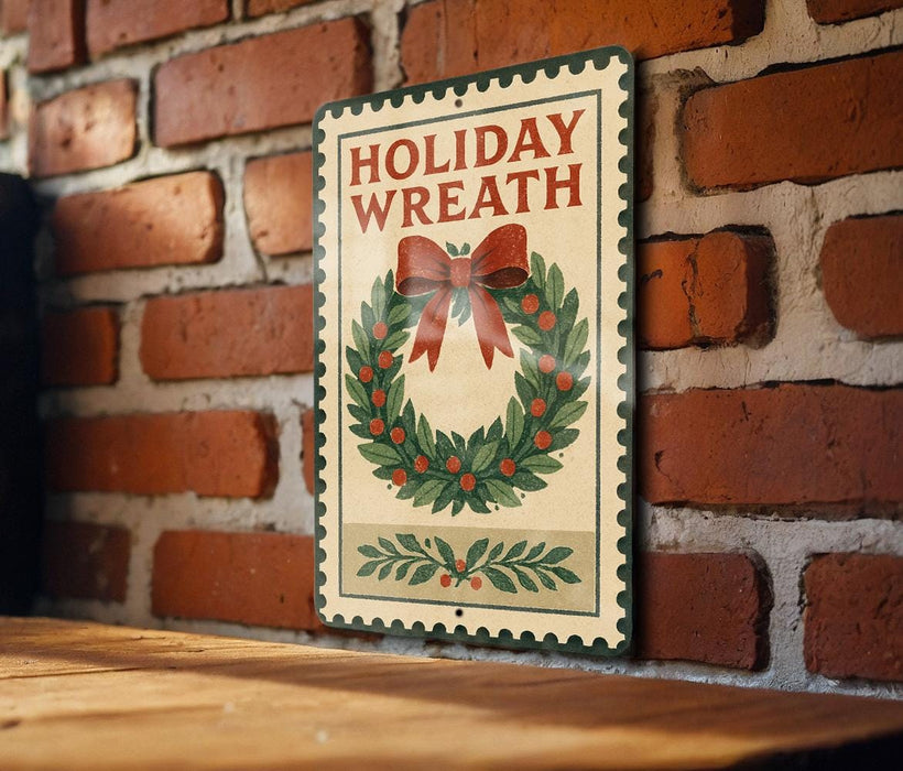 A vintage-style metal sign with a wreath and bow is mounted on a brick wall.