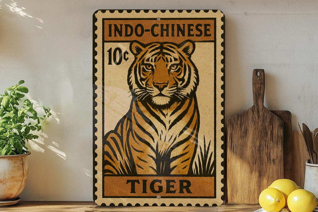A vintage-style metal sign featuring a tiger illustration and the text "INDO-CHINESE 10c TIGER" is displayed on a shelf.