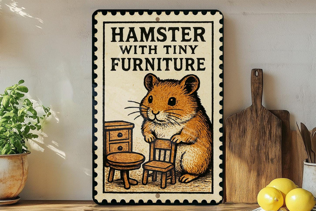 A metal sign with a hamster sitting on a chair, surrounded by furniture, is displayed on a shelf next to a plant and a cutting board.