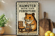 A metal sign with a hamster sitting on a chair, surrounded by furniture, is displayed on a shelf next to a plant and a cutting board.