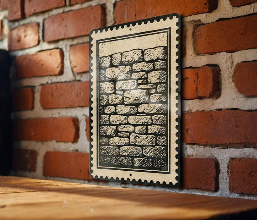 a brick wall with a framed drawing of a brick wall on it, mounted on the wall.