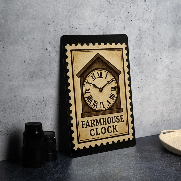 A wooden clock with a farmhouse design, featuring Roman numerals, is displayed on a countertop next to a stack of black camera lenses.