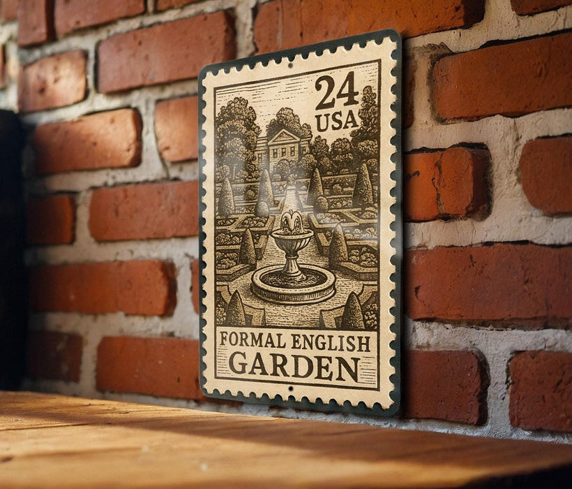 A metal sign with a stamp-like design hangs on a brick wall, depicting a formal English garden.