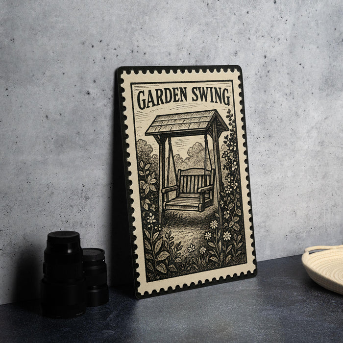 A framed illustration of a garden swing is displayed on a table, accompanied by a stack of black camera lenses and a woven basket.