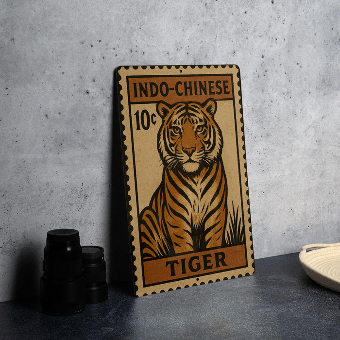 A metal sign featuring a tiger illustration and the text "INDO-CHINESE 10¢ TIGER" is displayed on a table.