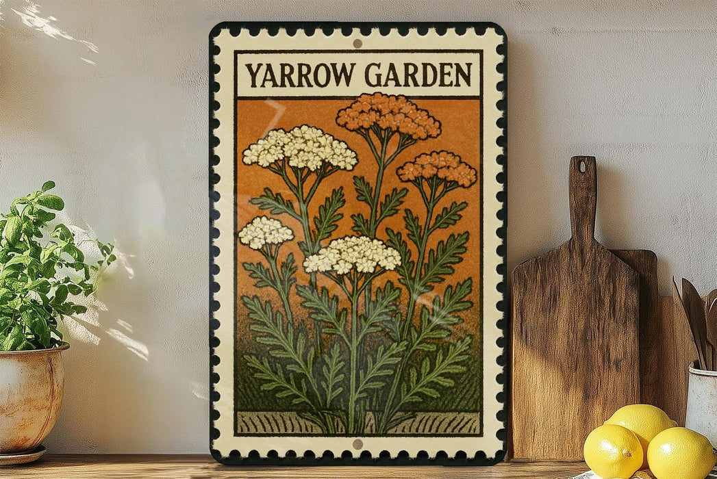 A decorative metal sign with a floral design, featuring a variety of flowers and leaves, is displayed on a shelf next to a wooden cutting board and some potted plants.