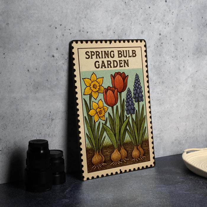 A metal sign with a floral design, featuring tulips, daffodils, and hyacinths, is displayed on a table.