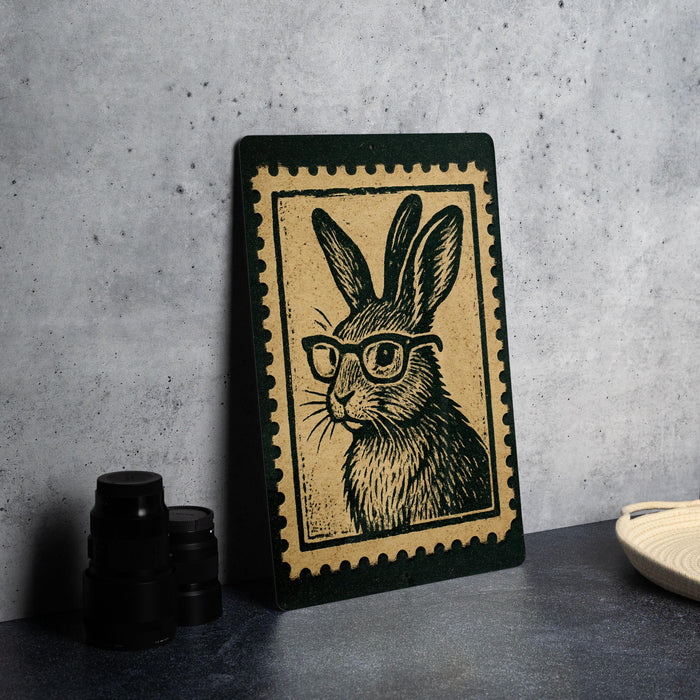 A framed illustration of a rabbit wearing glasses is displayed on a table, accompanied by a stack of black camera lenses and a woven basket.