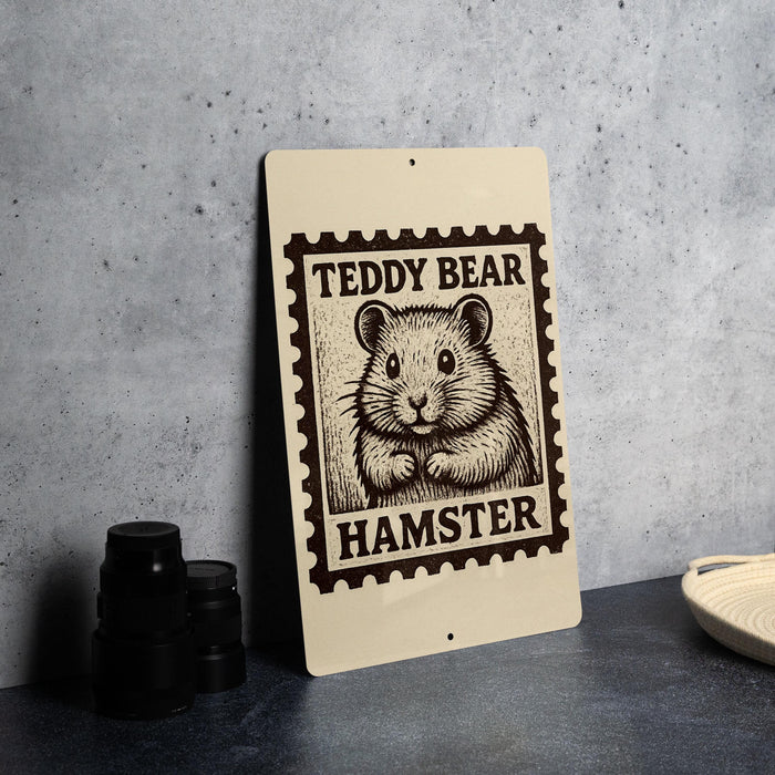 A metal sign featuring a teddy bear image and the text "Teddy Bear Hamster" is displayed on a table.