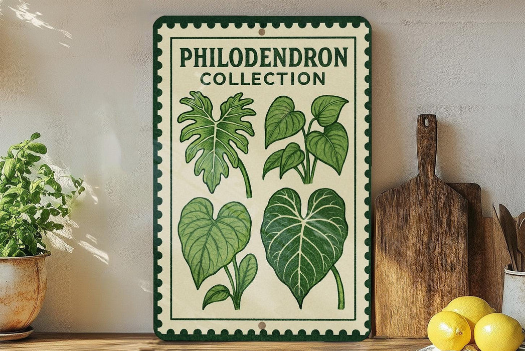 a green and white sign with illustrations of various leaves, placed on a wooden surface next to a wooden cutting board and some potted plants.