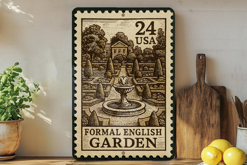 a large stamp-like artwork depicting a formal English garden, with a fountain and trees in the center. The stamp has a value of 24 US dollars and is displayed on a wooden shelf next to a potted plant, a cutting board, and some lemons.