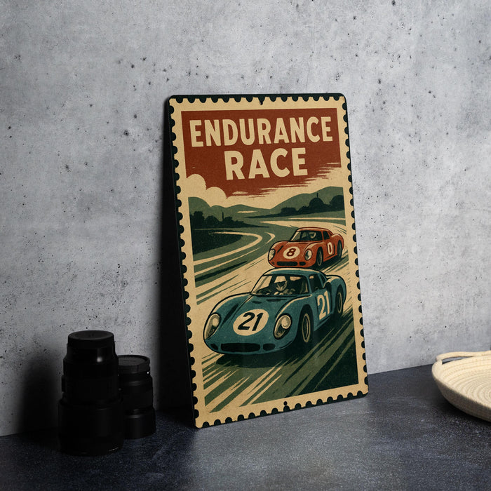 A vintage-style metal sign with the text "ENDURANCE RACE" and an illustration of two race cars on a track.