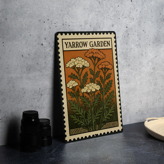 A metal stamp with a floral design, labeled "Yarrow Garden", is displayed on a table next to some black camera lenses.