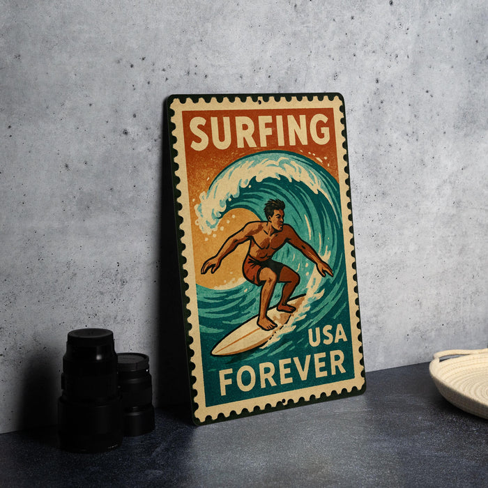 A vintage-style metal sign with a surfer riding a wave, accompanied by the text "Surfing USA Forever".