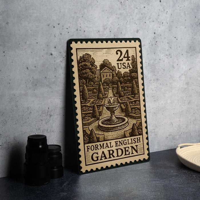 A metal stamp depicting a formal English garden, with a fountain and trees, is placed on a table next to some black camera lenses.