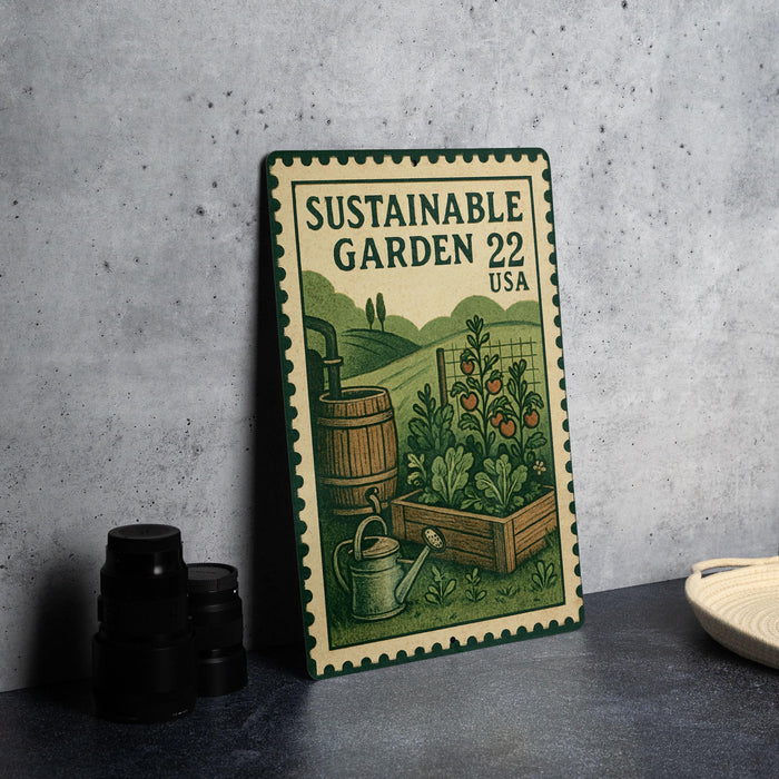 A vintage-style postage stamp featuring an illustration of a garden scene with a barrel, watering can, and plants, along with the text "SUSTAINABLE GARDEN 22 USA".