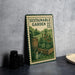A vintage-style postage stamp featuring an illustration of a garden scene with a barrel, watering can, and plants, along with the text "SUSTAINABLE GARDEN 22 USA".