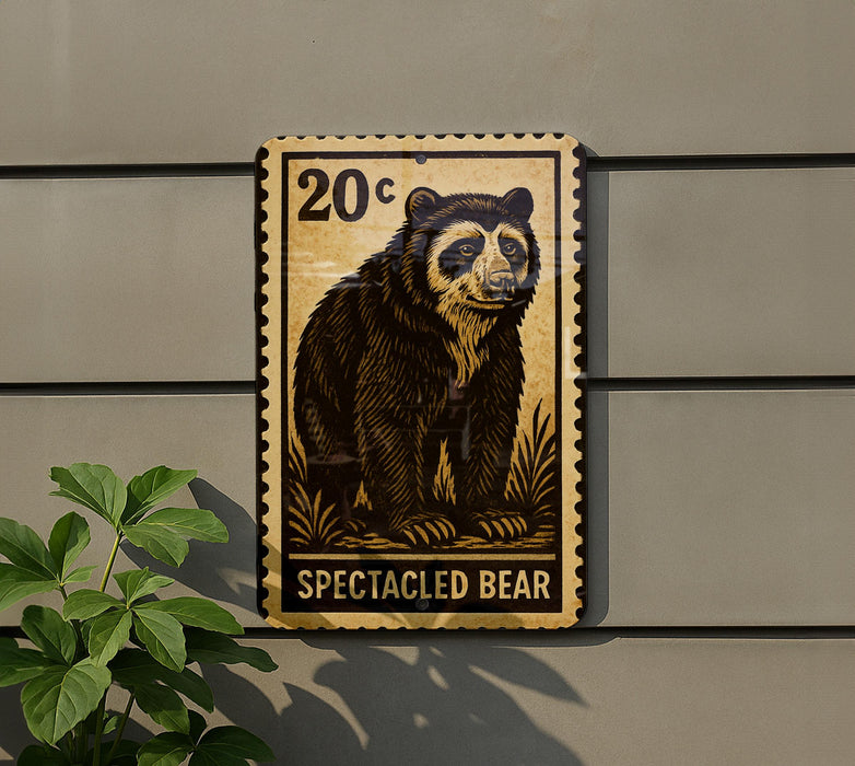 a large, detailed stamp-like sign depicting a spectacled bear, mounted on a wall.