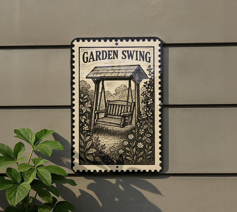A garden swing sign is mounted on a wall, with a plant visible to the left.