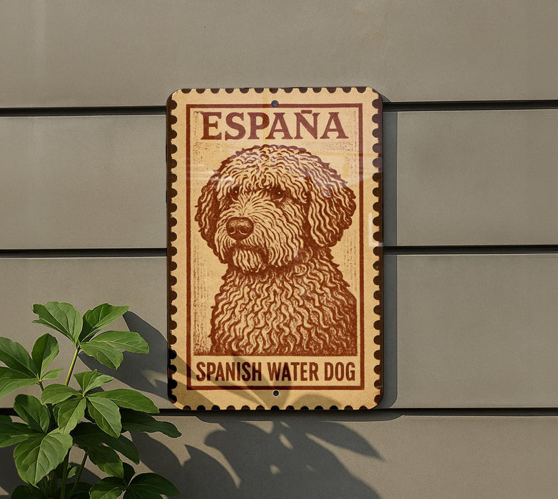 a sign with a picture of a Spanish water dog.