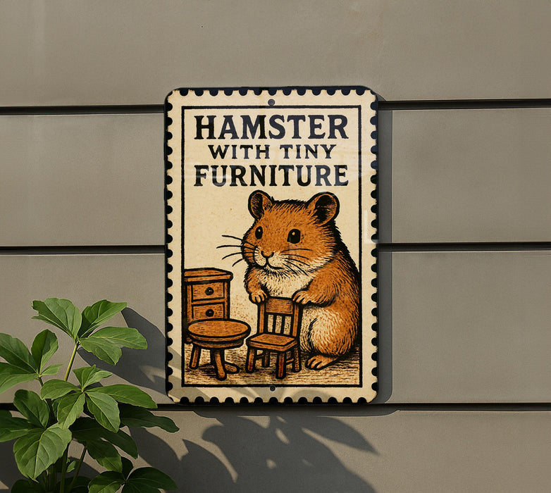 A sign featuring a hamster sitting on a chair, with the text "HAMSTER WITH TINY FURNITURE" displayed prominently.