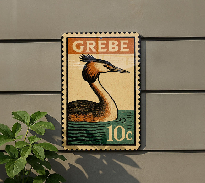 A postage stamp featuring a bird, likely a crane, is displayed on a wall.