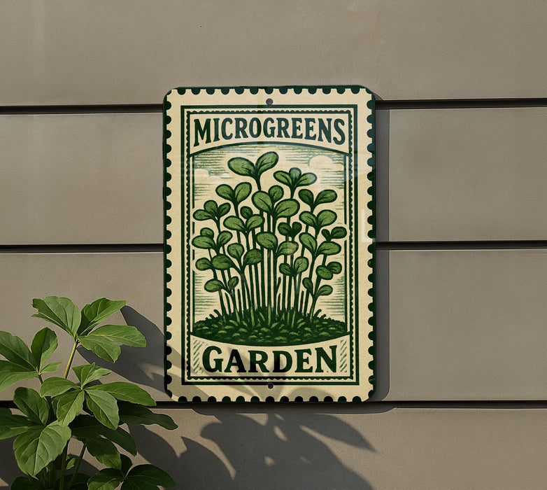 A sign for a "Microgreens Garden" is displayed on a wall, featuring a green plant illustration and the text "MICROGREENS GARDEN".