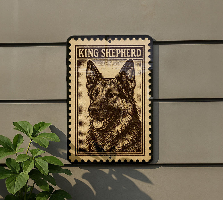 A sign featuring a large image of a German Shepherd dog, with the text "KING SHEPHERD" prominently displayed.