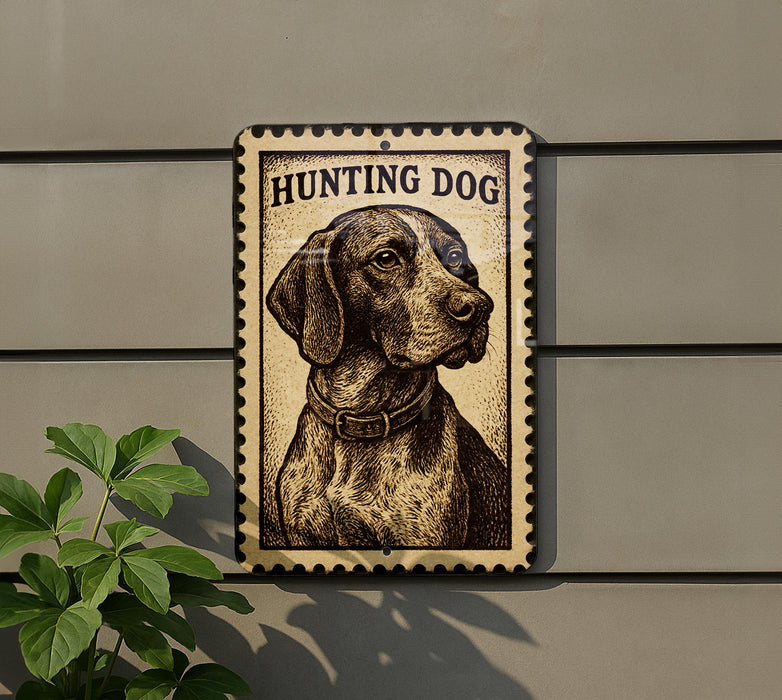 a metal sign with a dog illustration on it, mounted on a wall.
