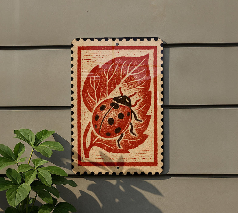 A ladybug is depicted on a leaf, with a red and white border, on a wall.