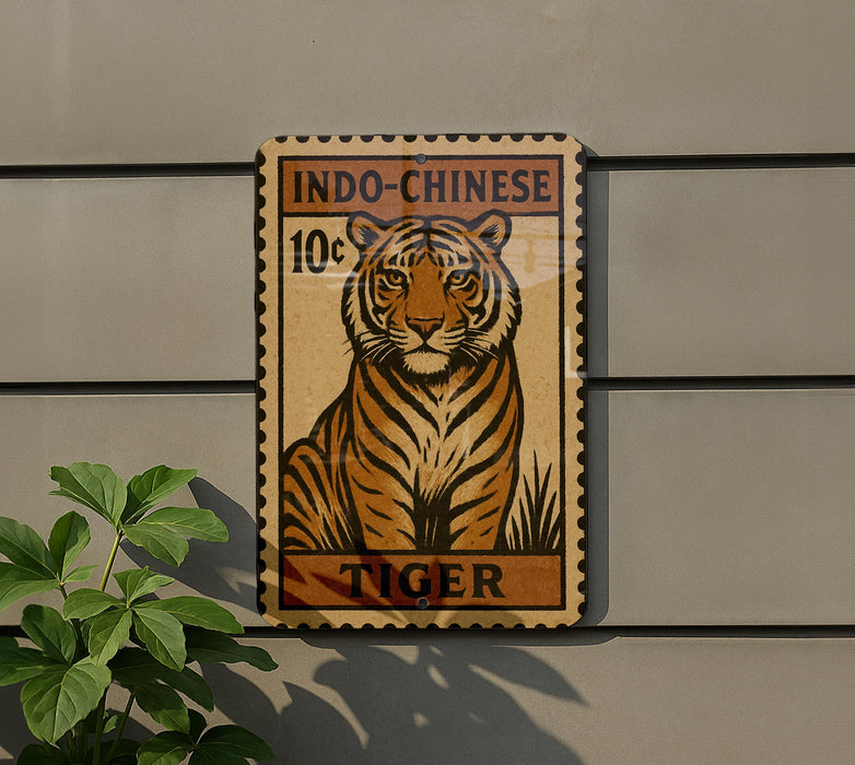 A tiger stamp-like sign with the text "INDO-CHINESE 10¢ TIGER" is displayed on a wall, with a plant visible to the left.