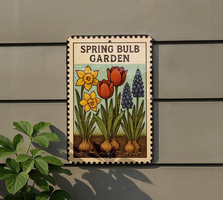 A sign for a spring bulb garden, featuring illustrations of various spring bulbs such as daffodils, tulips, and hyacinths.