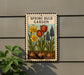 A sign for a spring bulb garden, featuring illustrations of various spring bulbs such as daffodils, tulips, and hyacinths.
