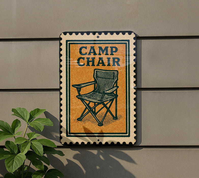 a sign with a picture of a camping chair mounted on a wall.
