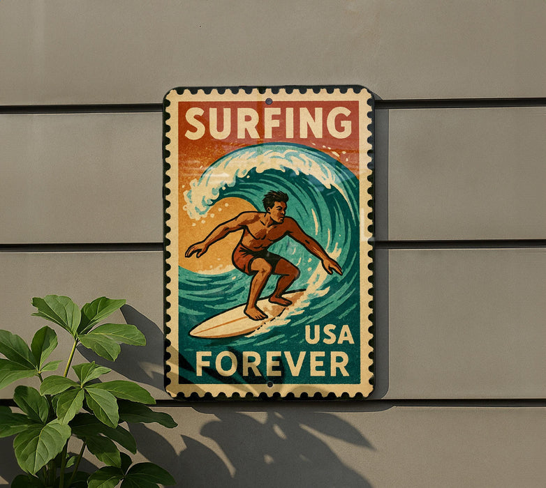 A vintage-style metal sign with a surfer riding a wave, mounted on a wall.