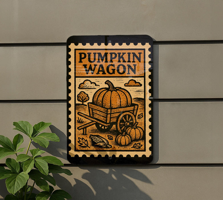 A sign that reads "PUMPKIN WAGON" is displayed on a wall, featuring an illustration of a pumpkin and a wagon.