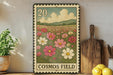 a vintage-style stamp with a floral design, placed on a shelf next to a wooden cutting board and some potted plants.