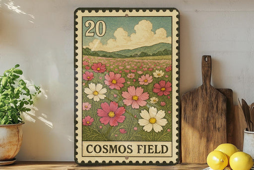 a vintage-style stamp with a floral design, placed on a shelf next to a wooden cutting board and some potted plants.
