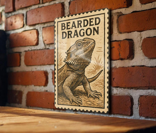 a wooden frame with a detailed illustration of a bearded dragon on a brick wall.