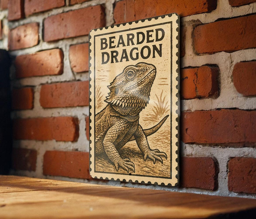 a wooden frame with a detailed illustration of a bearded dragon on a brick wall.