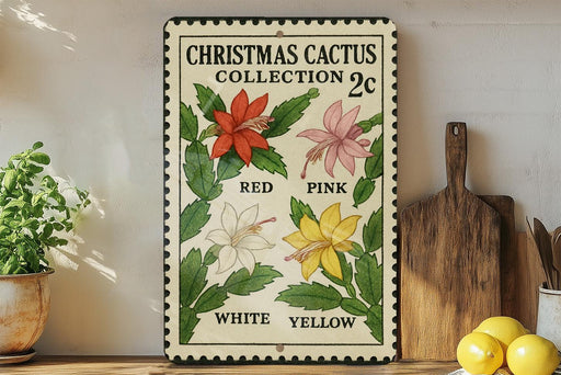 A Christmas cactus collection sign with illustrations of red, pink, white, and yellow flowers, displayed on a wooden shelf next to a potted plant and a wooden cutting board.
