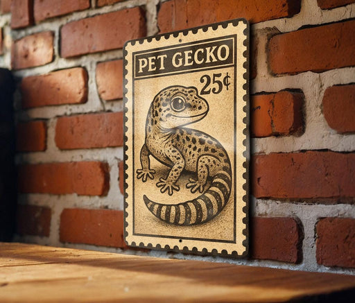A metal sign with a gecko illustration and the price of 25 cents displayed on a brick wall.