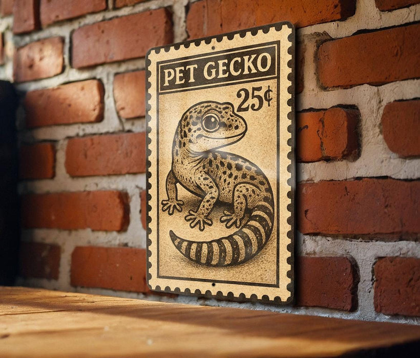 A metal sign with a gecko illustration and the price of 25 cents displayed on a brick wall.