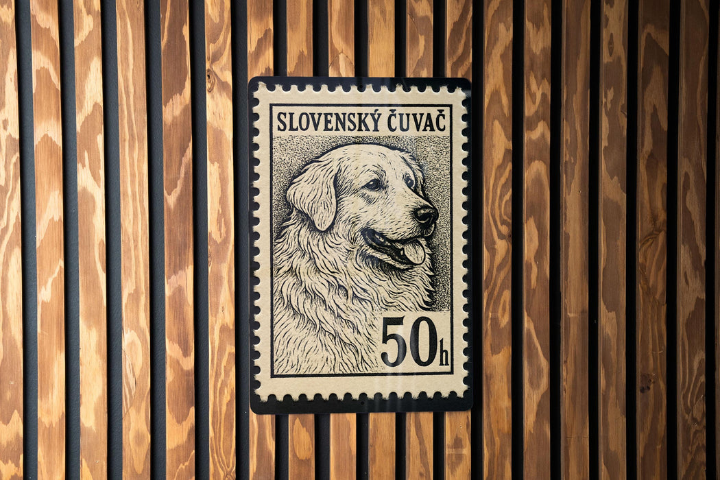 A black and white postage stamp featuring a dog's portrait, with the text "SLOVENSKY ČUVĚCČ" and the denomination "50 h".
