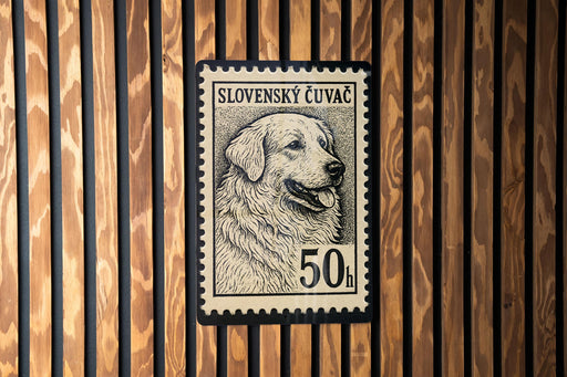 A black and white postage stamp featuring a dog's portrait, with the text "SLOVENSKY ČUVĚCČ" and the denomination "50 h".