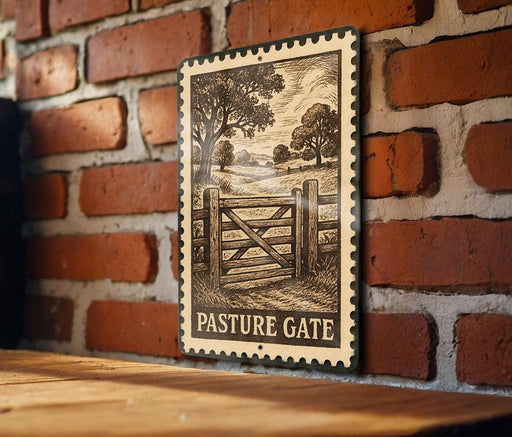 A metal sign with a vintage-style illustration of a wooden gate and a field, mounted on a brick wall.