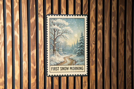 A framed vintage postage stamp depicting a snowy winter landscape with a path leading through the trees.