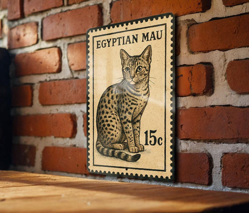 A vintage-style Egyptian Mau postage stamp featuring a cat illustration is displayed on a brick wall.