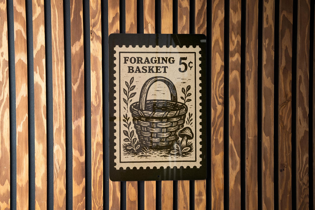 A black and white postage stamp featuring a basket and mushrooms, mounted on a wooden wall.